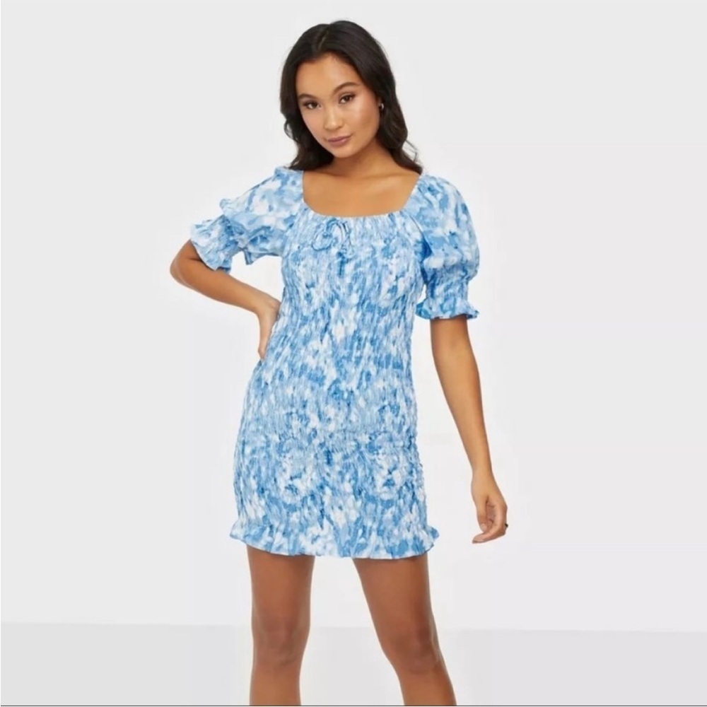 Faithfull The Brand Blue and White Ruffle Print Mini Shift Dress